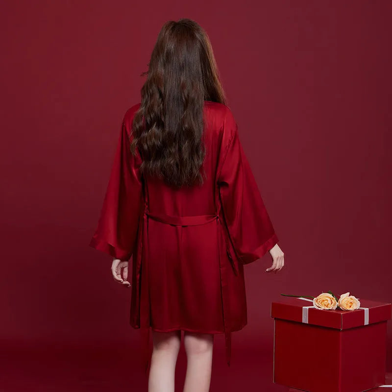 Red ice silk sleepwear set for men and women with long sleeves and trousers, fabric weight 121-140g/m²