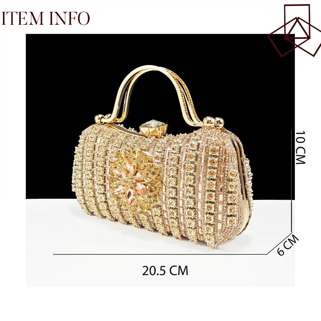 Women's black high-heel shoes with decorative ankle chain featuring floral rhinestone accents and matching clutch bag