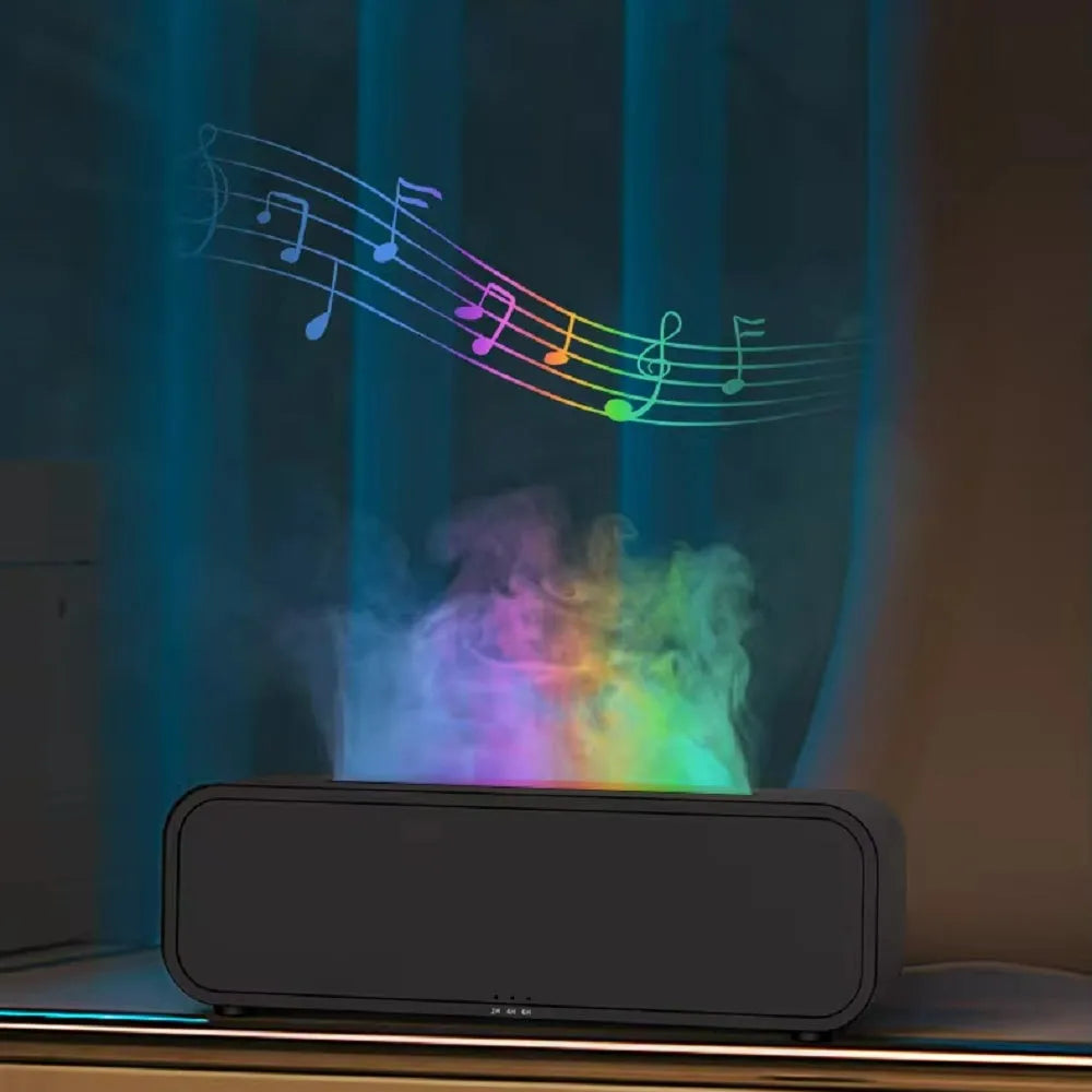 Black and white USB essential oil aroma diffuser with remote control and colour-changing flame light.
