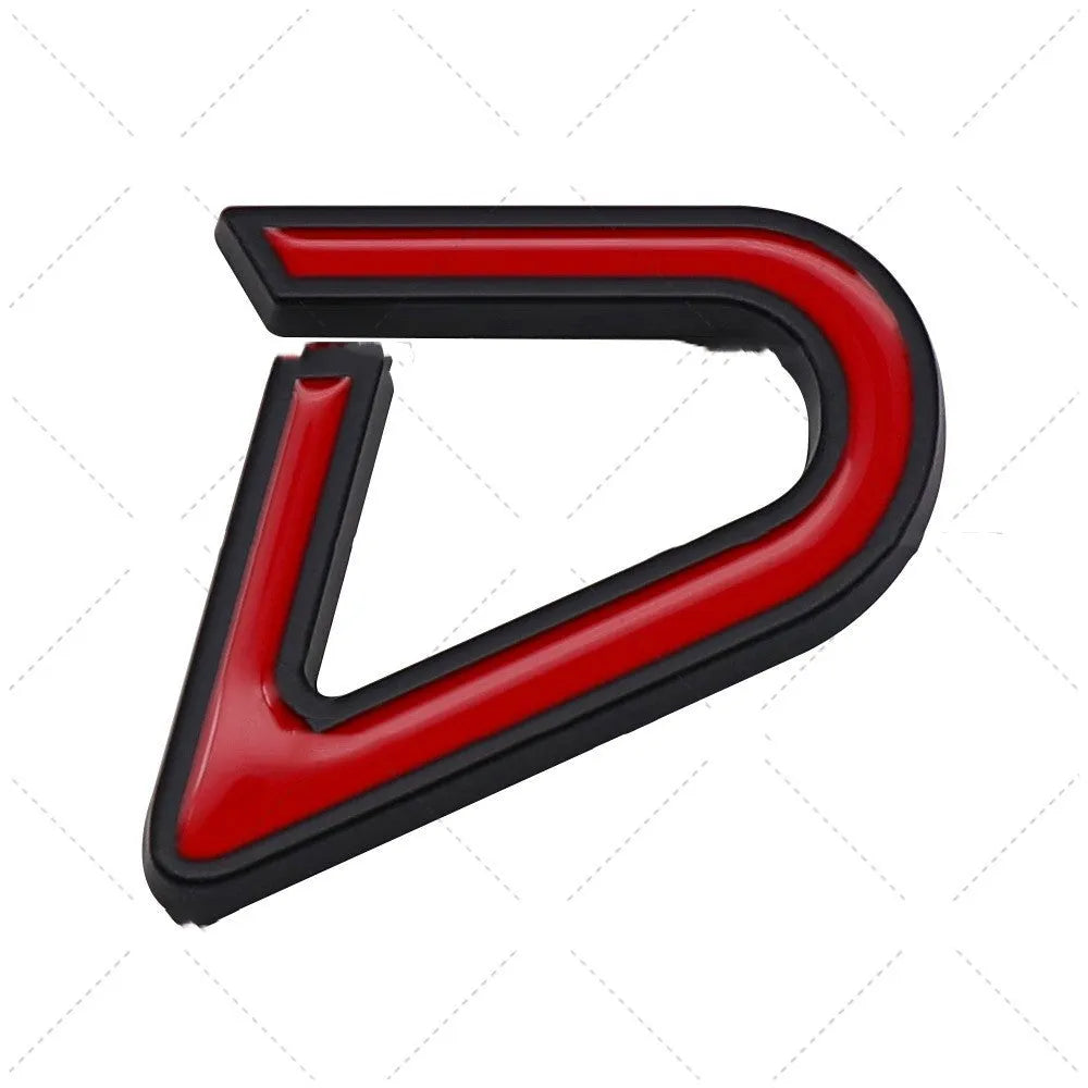 Metal car modification stickers showing SD pattern at 7.7cm and D pattern at 3.8cm in red silver colour combination