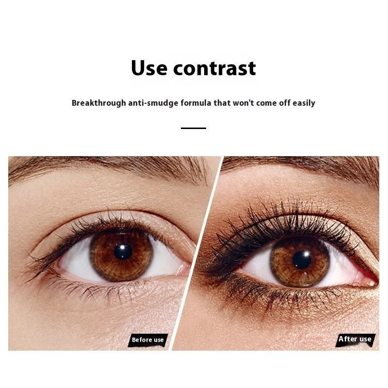 4D Long Thick Curling Waterproof Mascara tube with spiral brush, showing deep black formula for volumised lashes.