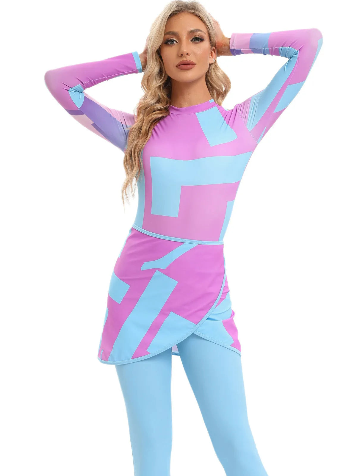 Muslim print conservative beach swimsuit three-piece set in polyester fabric for swimming and wading