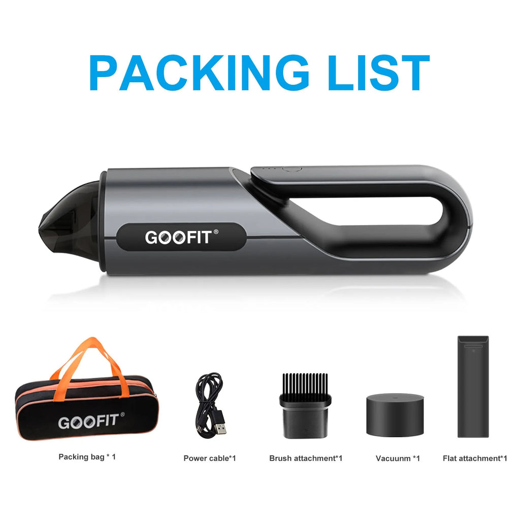 Black portable wireless handheld car vacuum cleaner with brush and flat attachments for vehicle interior cleaning