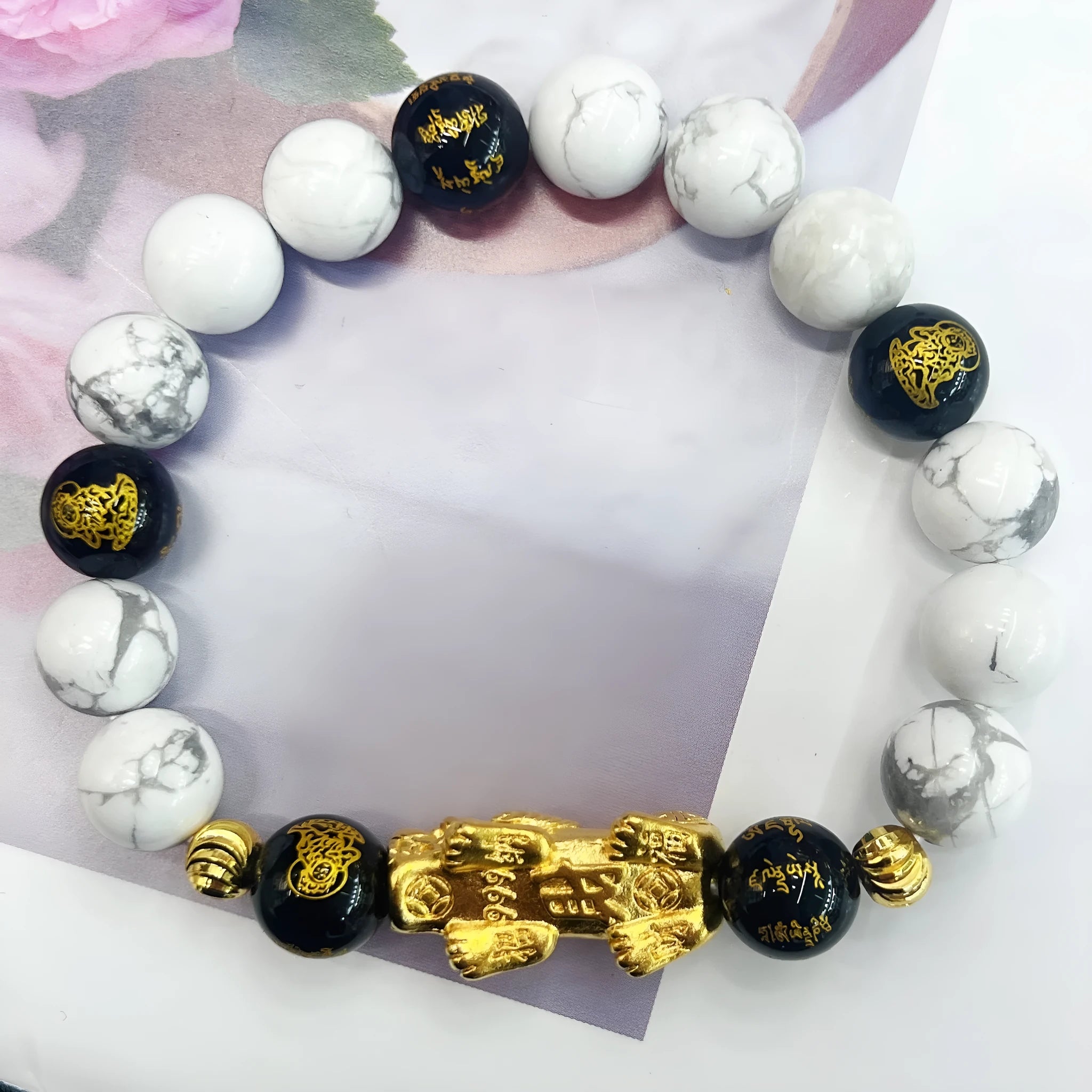 Handcrafted white turquoise and black agate couple bracelet with adjustable 15-17cm sizing