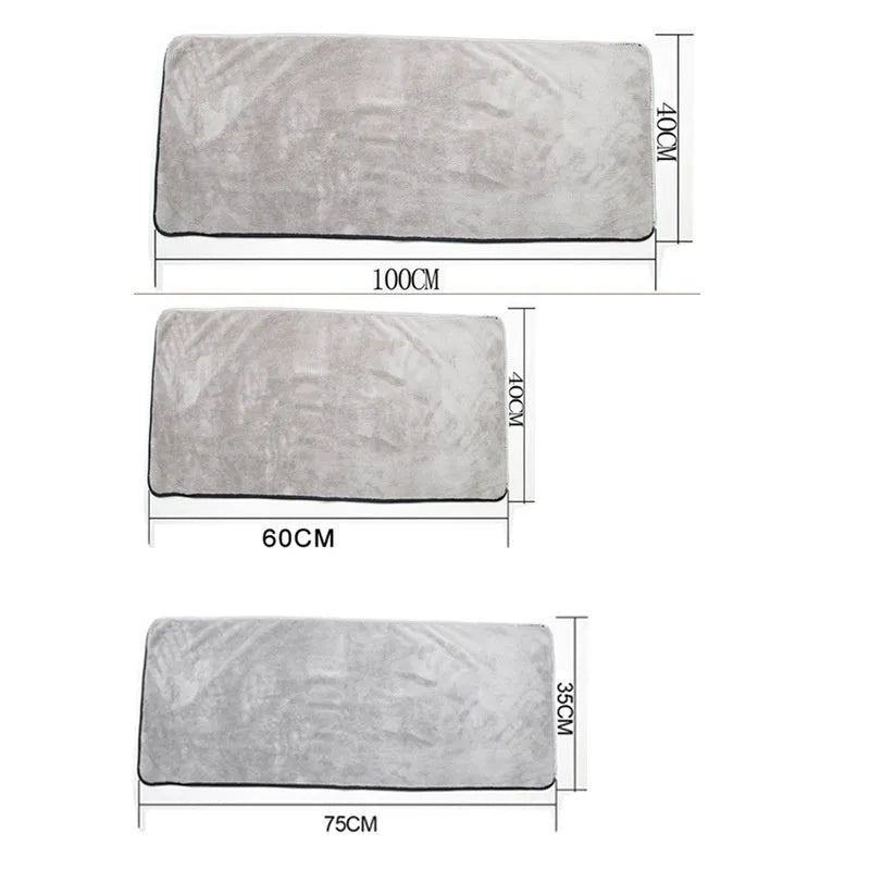Microfiber car wash towel shown in three size options: 75x35cm, 60x40cm, and 100x40cm.