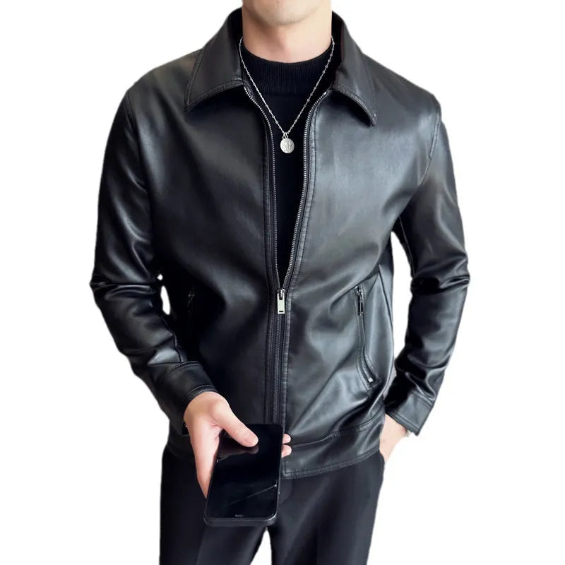 Men's black PU leather jacket with windproof design, loose fit, and zipper pockets, shown in a casual setting.