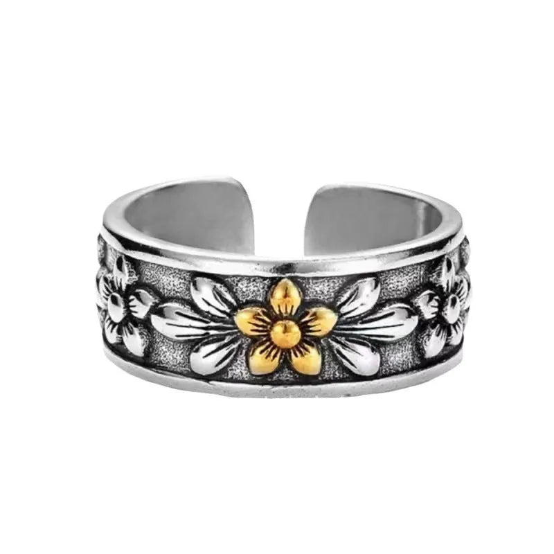 Vintage floral open ring in zinc alloy with camellia design, available in gold or retro colour, unisex style