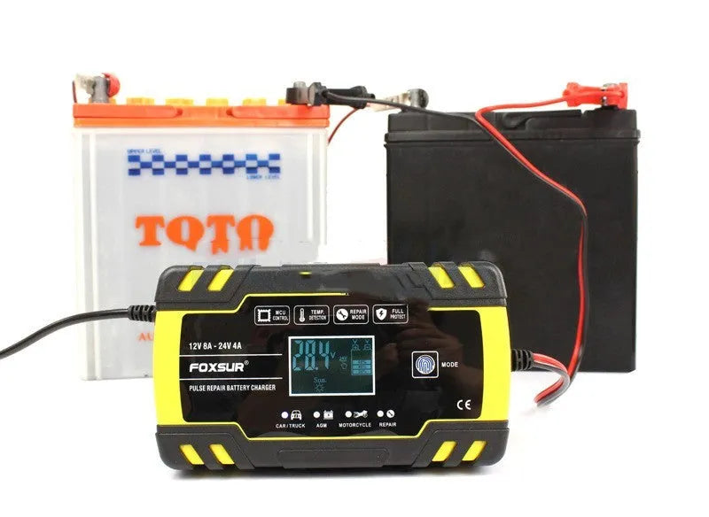 Motorcycle and truck battery charger with digital display showing charging parameters