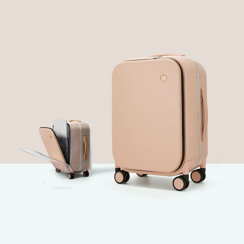 Front opening 20 inch PC hard shell suitcase with aluminium frame and universal wheels in black