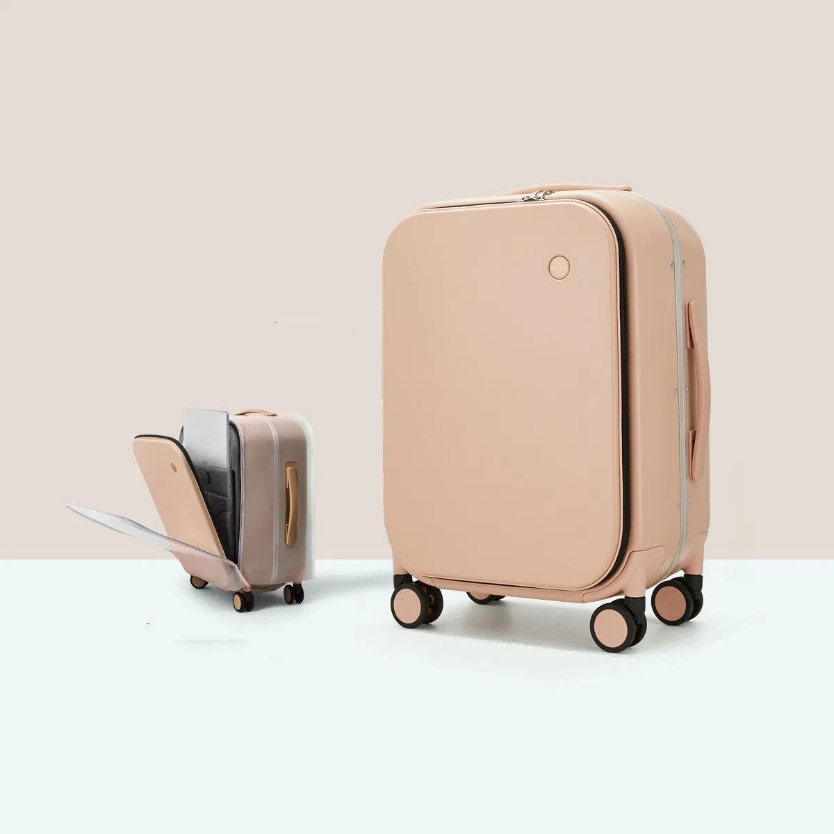 Front opening 20 inch PC hard shell suitcase with aluminium frame and universal wheels in black