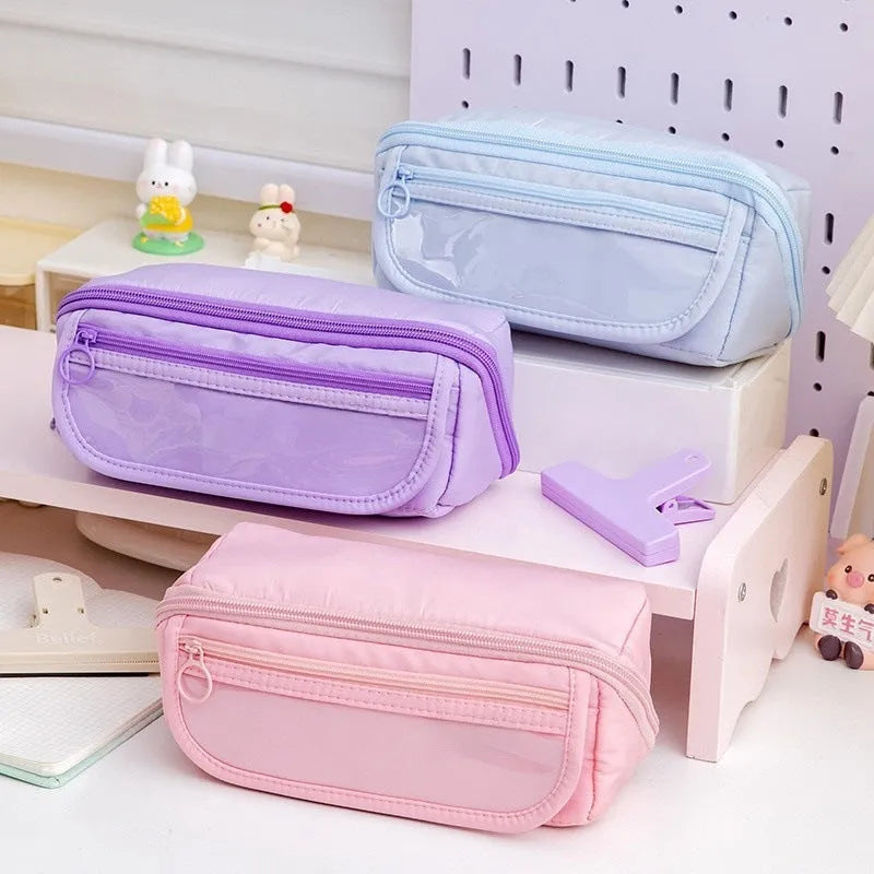 Ten-layer flip canvas pencil case in six colours showing open compartments with pens organised separately