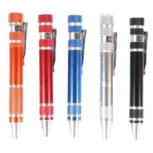 Aluminium alloy pen screwdriver set with eight interchangeable bits and 107mm chrome vanadium steel cutter bars