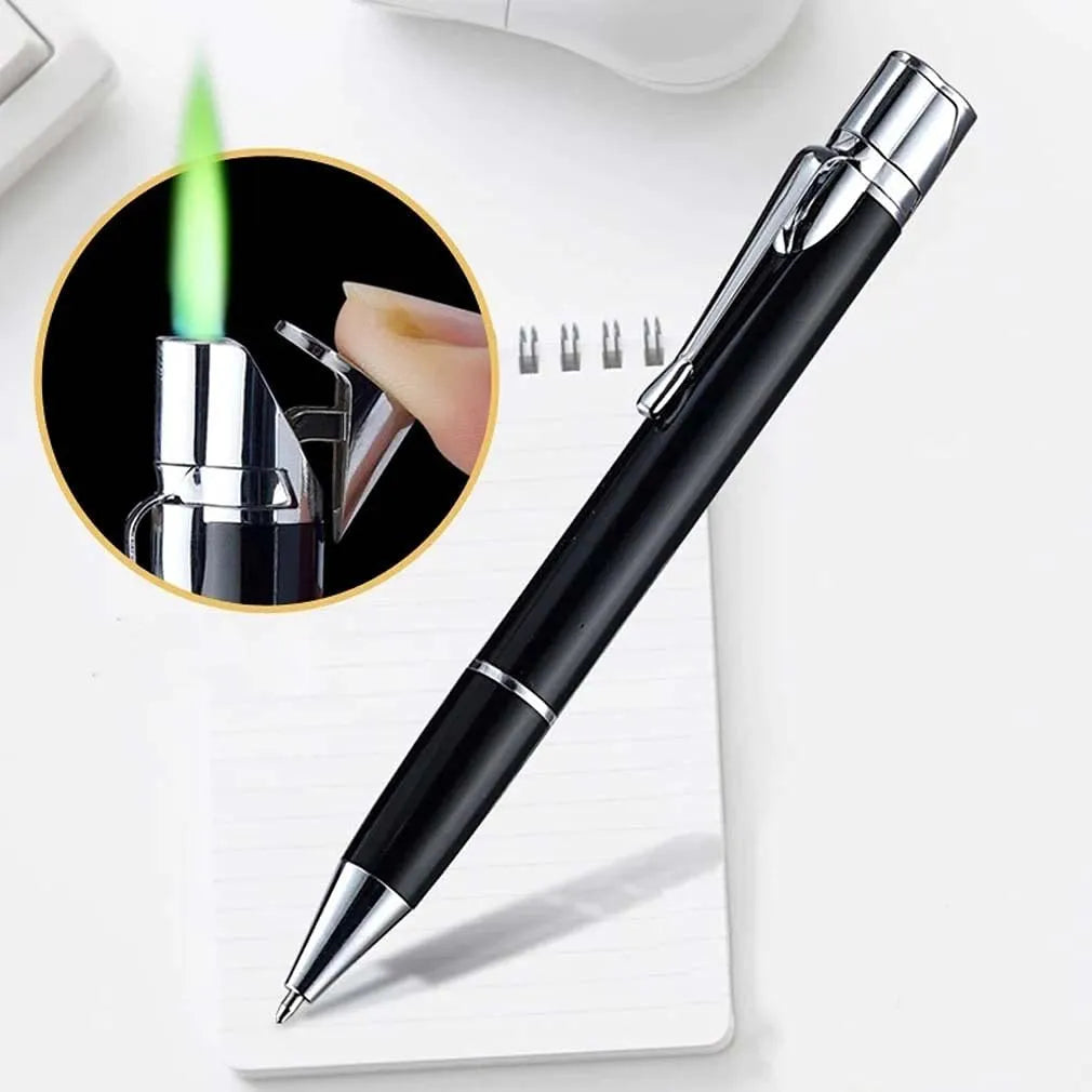 Windproof metal pen lighter with keychain in six colours, showing slim 14mm design for outdoor use