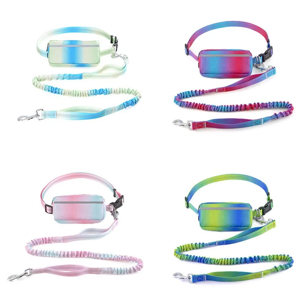 Adjustable hands-free dog leash with waist belt, chest strap, and reflective traction rope in four colour options