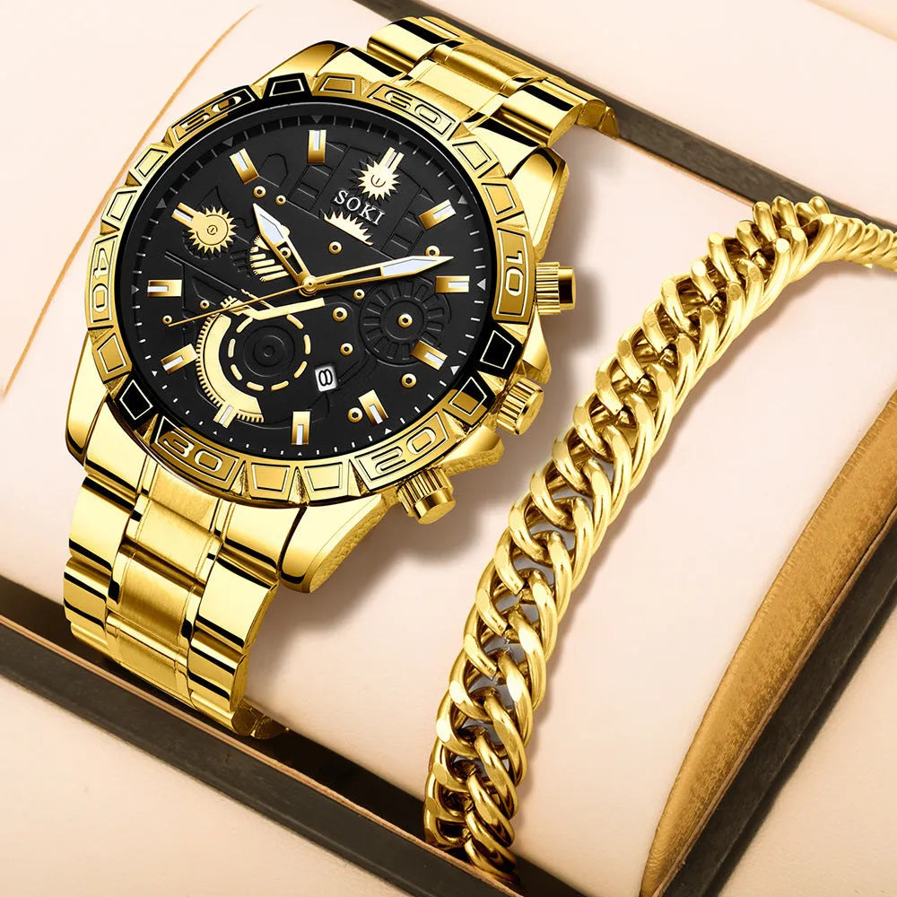 Men's gold stainless steel business watch with calendar display and 10mm thickness