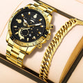 Men's gold stainless steel business watch with calendar display and 10mm thickness