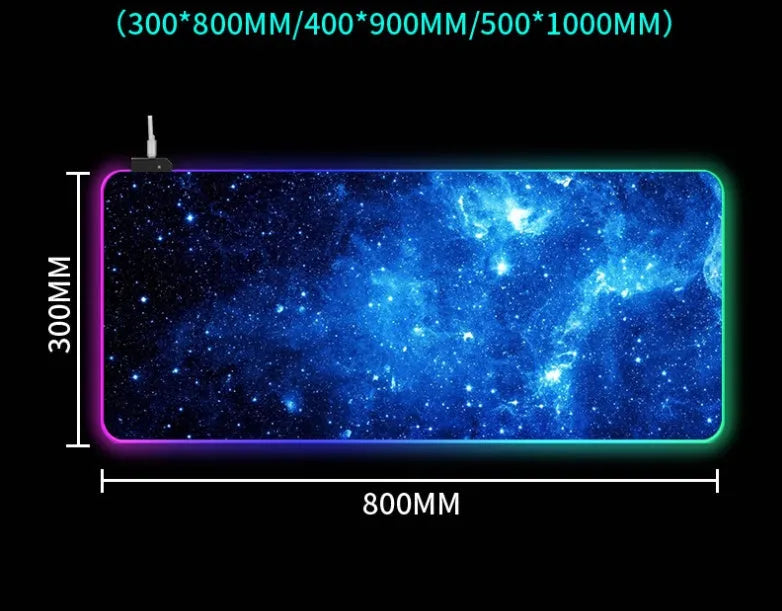 Symphony RGB luminous mouse pad with starry sky pattern lit by USB-powered LEDs on a desk.