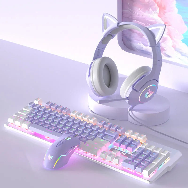 Purple and white mechanical keyboard and mouse wired set with RGB backlight illumination