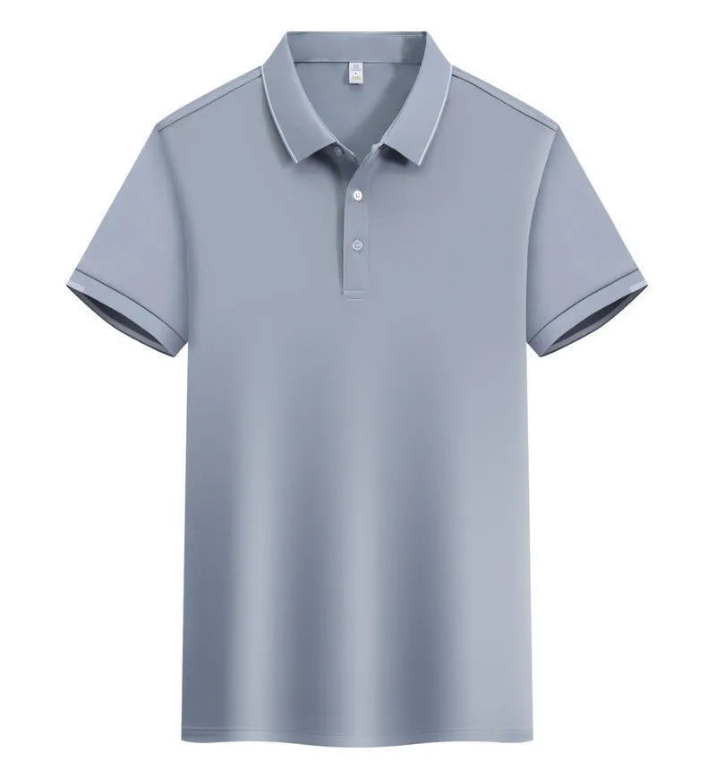 Men's apricot cotton blend loose polo shirt with a short sleeve and contrasting colour on the collar and lapel.
