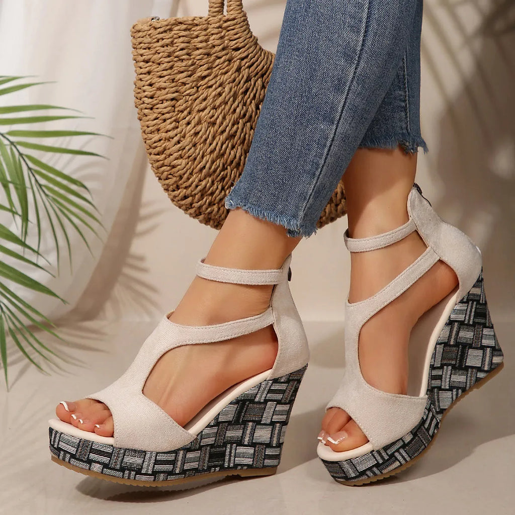 Women's thick-soled ankle-strap slope sandals with buckle closure and hemp-patterned rubber sole