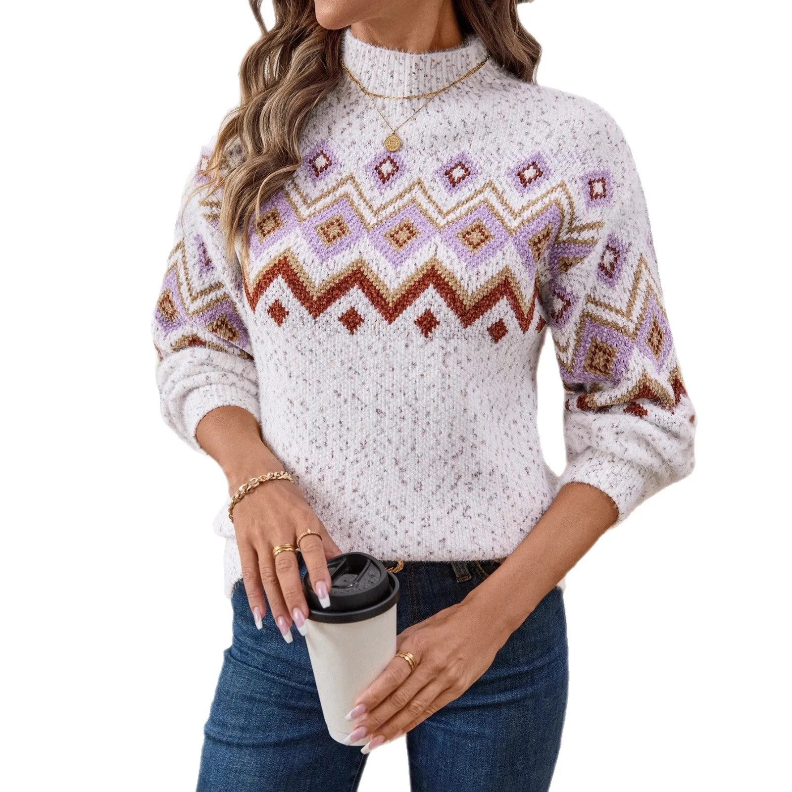 White geometric jacquard half turtleneck sweater with loose fit and thick chenille fabric