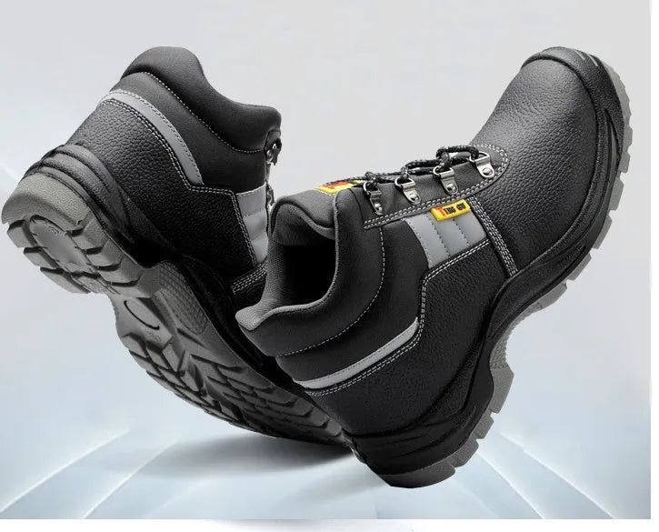 Black high-top safety shoes with steel toe cap and non-slip polyurethane sole, sizes 36-46