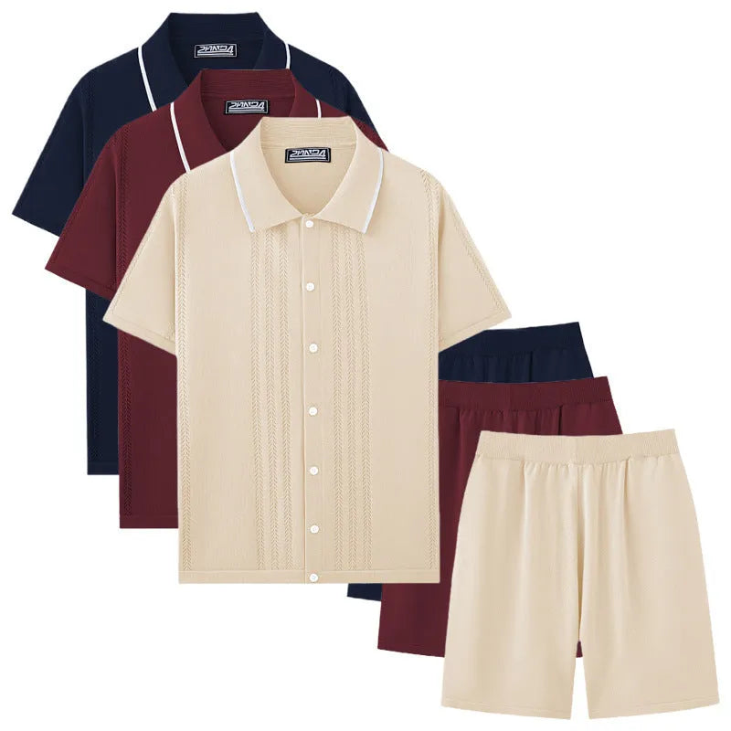 Tencel knitwear business casual set with short sleeve top and shorts in khaki colour.