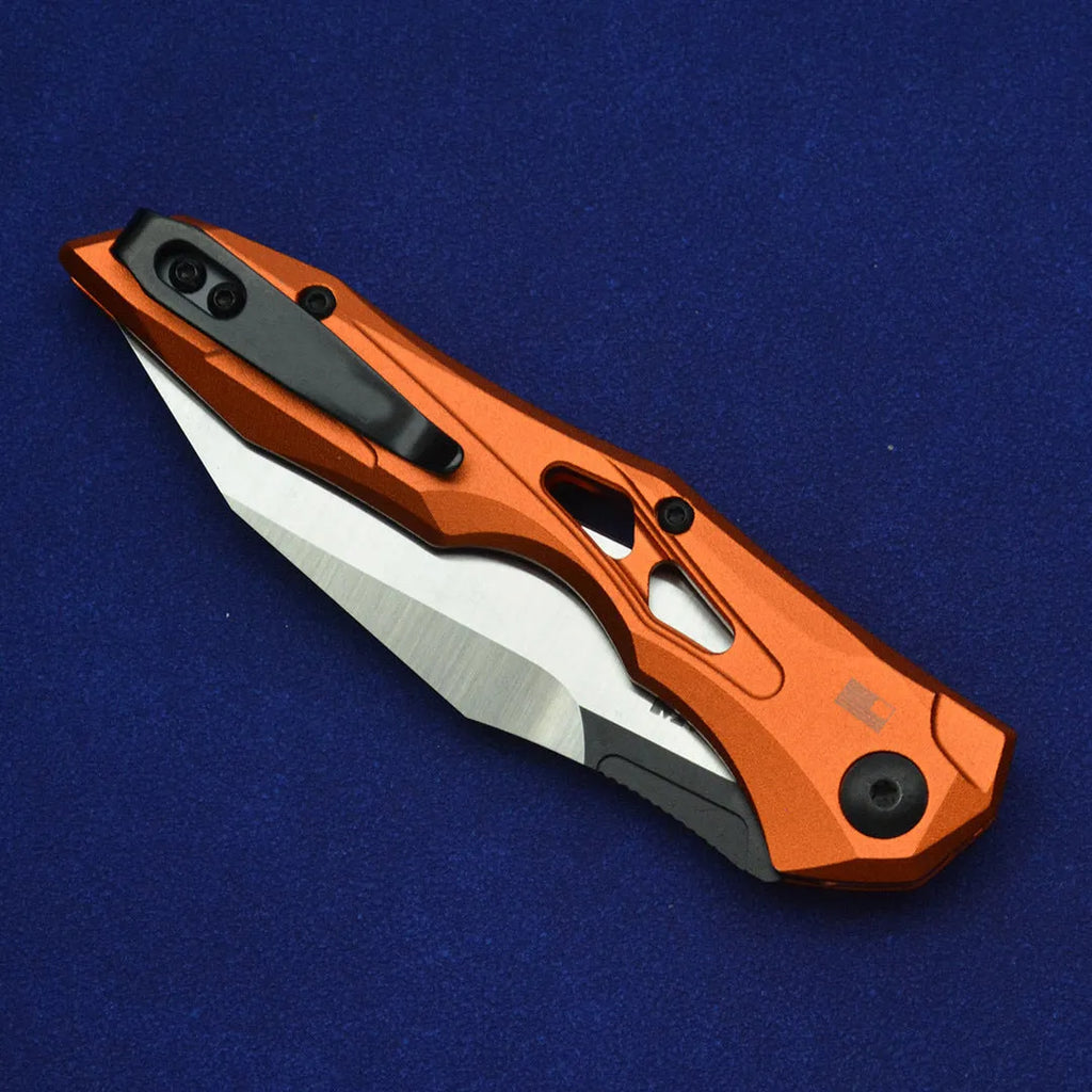 Black folding fruit knife with D2 steel blade and aluminium handle showing 19cm length