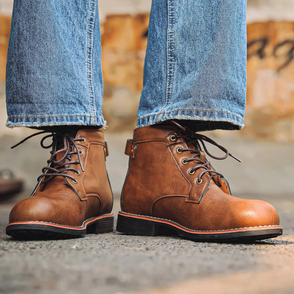 Men's retro lace-up Western boots in black or brown with mid horseshoe heel, round toe and embossed artificial PU upper