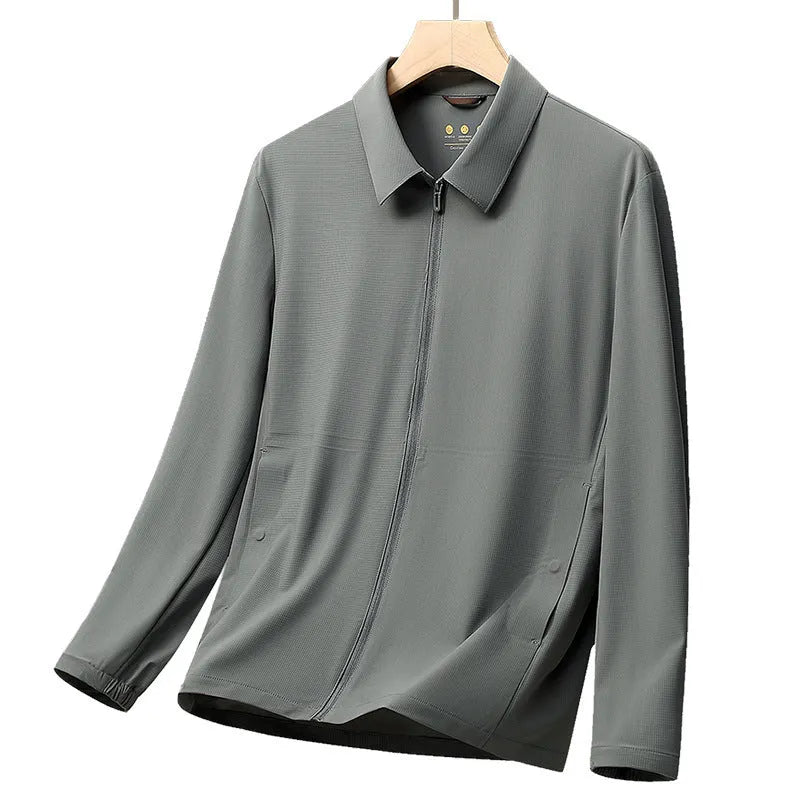 Men's navy blue business shirt with lapel collar and ice silk fabric for sun protection and work wear