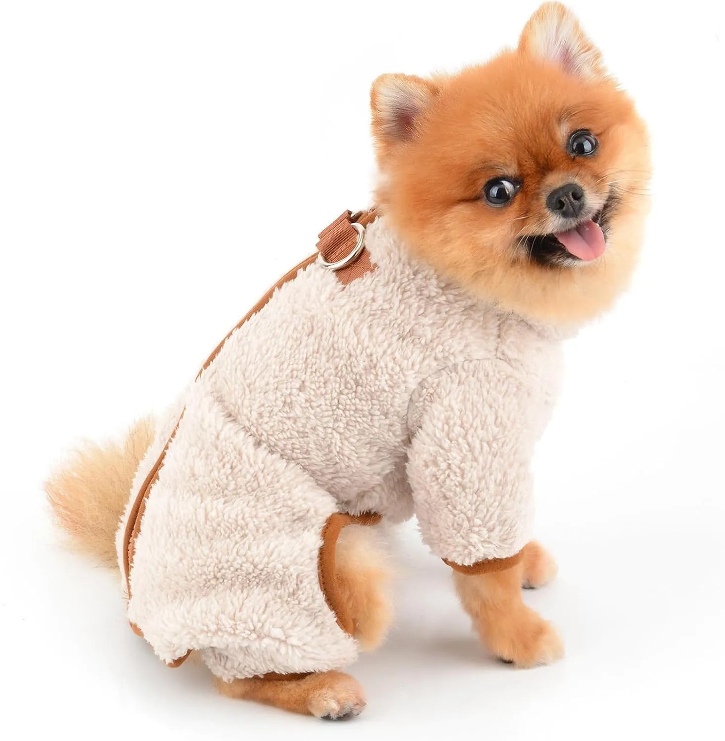 Green plush fleece dog coat with four leg openings and back zipper for small breeds