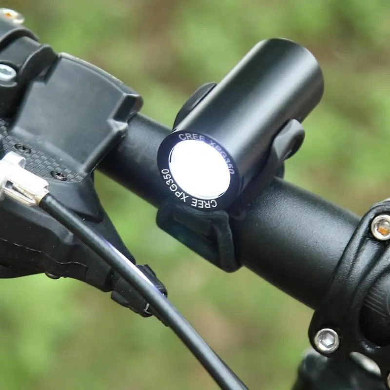 Black USB rechargeable bicycle front light with 350 lumens brightness for mountain and road cycling
