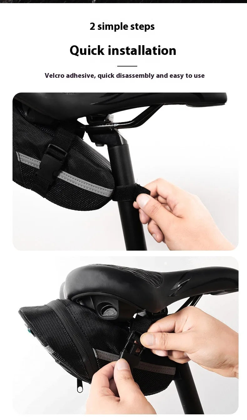 Black cycling quick release saddle bag with polyester construction mounted under bicycle saddle