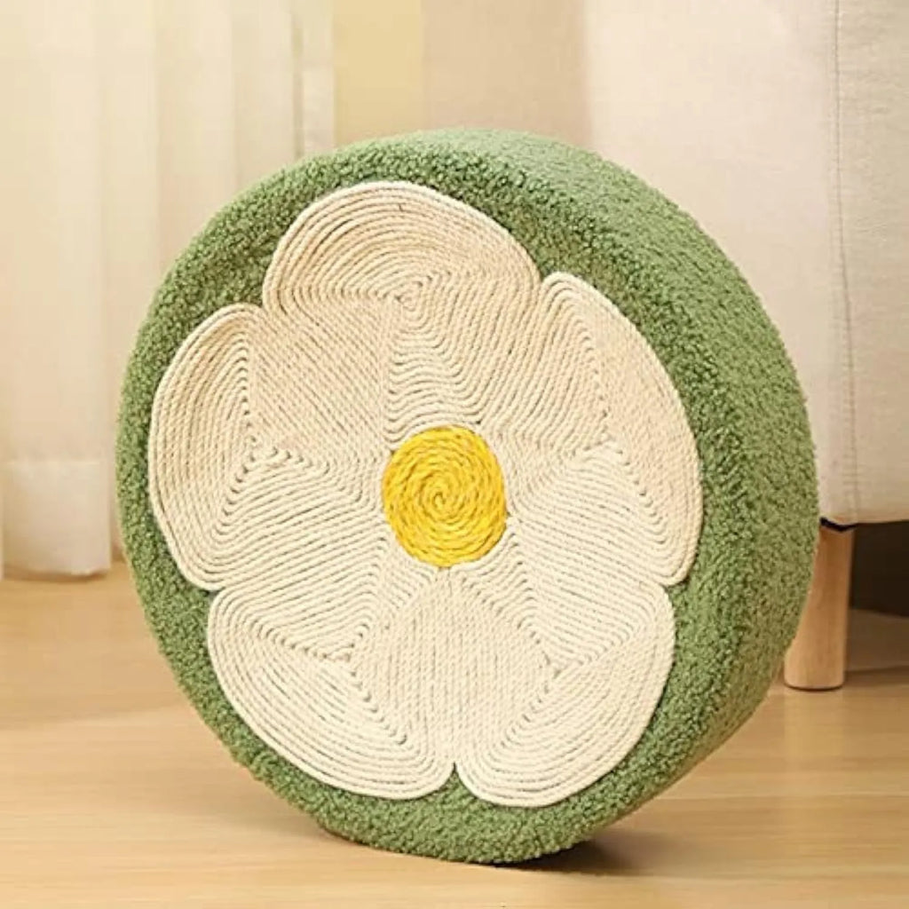 Green sisal cat scratcher bowl with round lounge bed design, 39cm diameter, for furniture protection