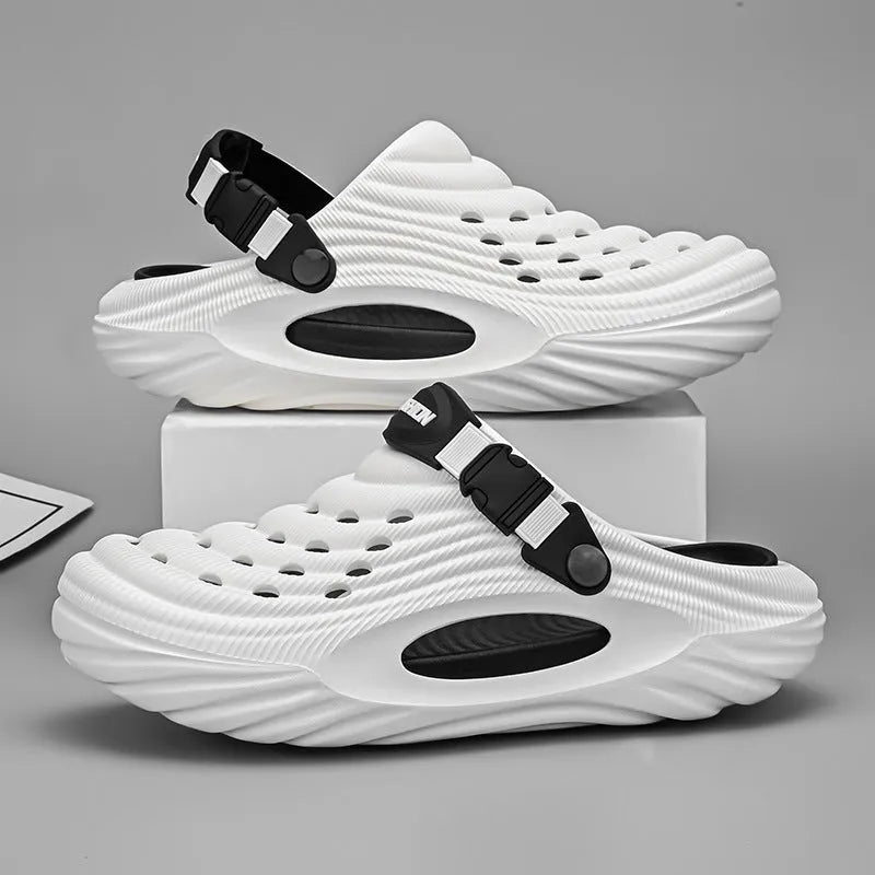 Men's solid colour EVA platform slippers with a hollow out design, shown in light green.