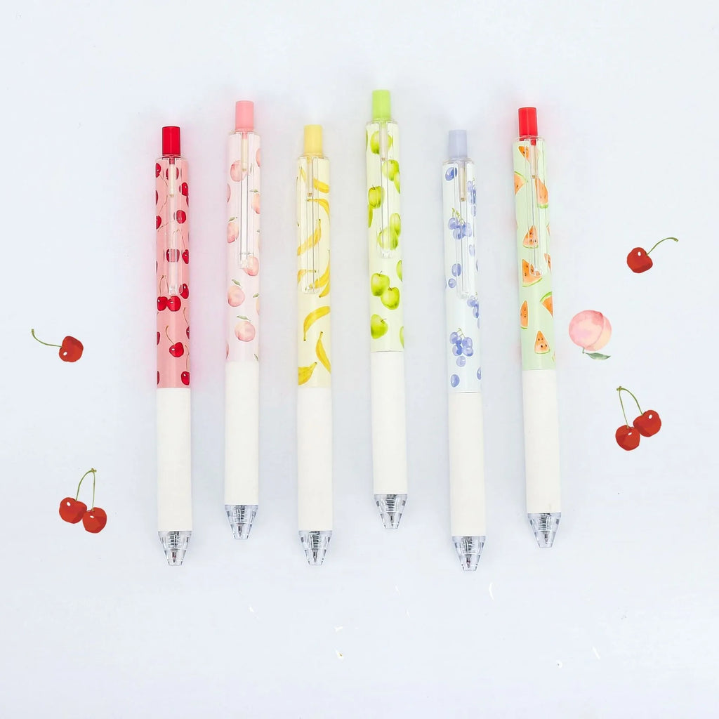 Three fruit-scented press pens with 0.5mm black ink refills and plastic barrels