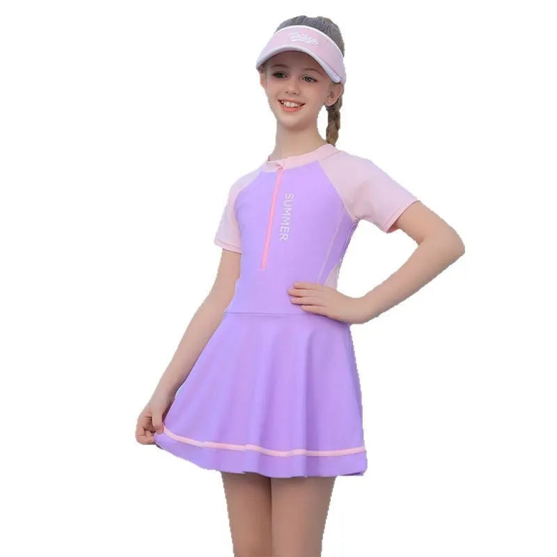 Children's conservative dress-style swimsuit in pink purple or blue, sizes 3XL to 7XL, nylon with polyester lining