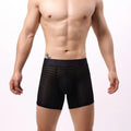 Men's lace mesh boxers in geometric pattern with low-waist design, available in multiple colours