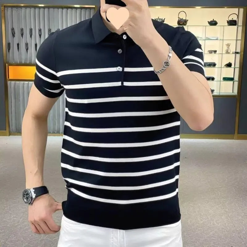 Black and white striped lapel knitted T-shirt with pullover style and non-ironing fabric
