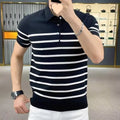 Black and white striped lapel knitted T-shirt with pullover style and non-ironing fabric