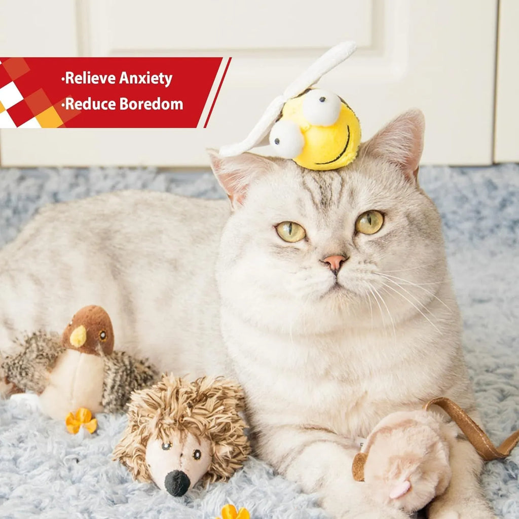 Yellow flannelette chirpy bee sound toy for cats with motion-activated squeaking, approximately 15cm long