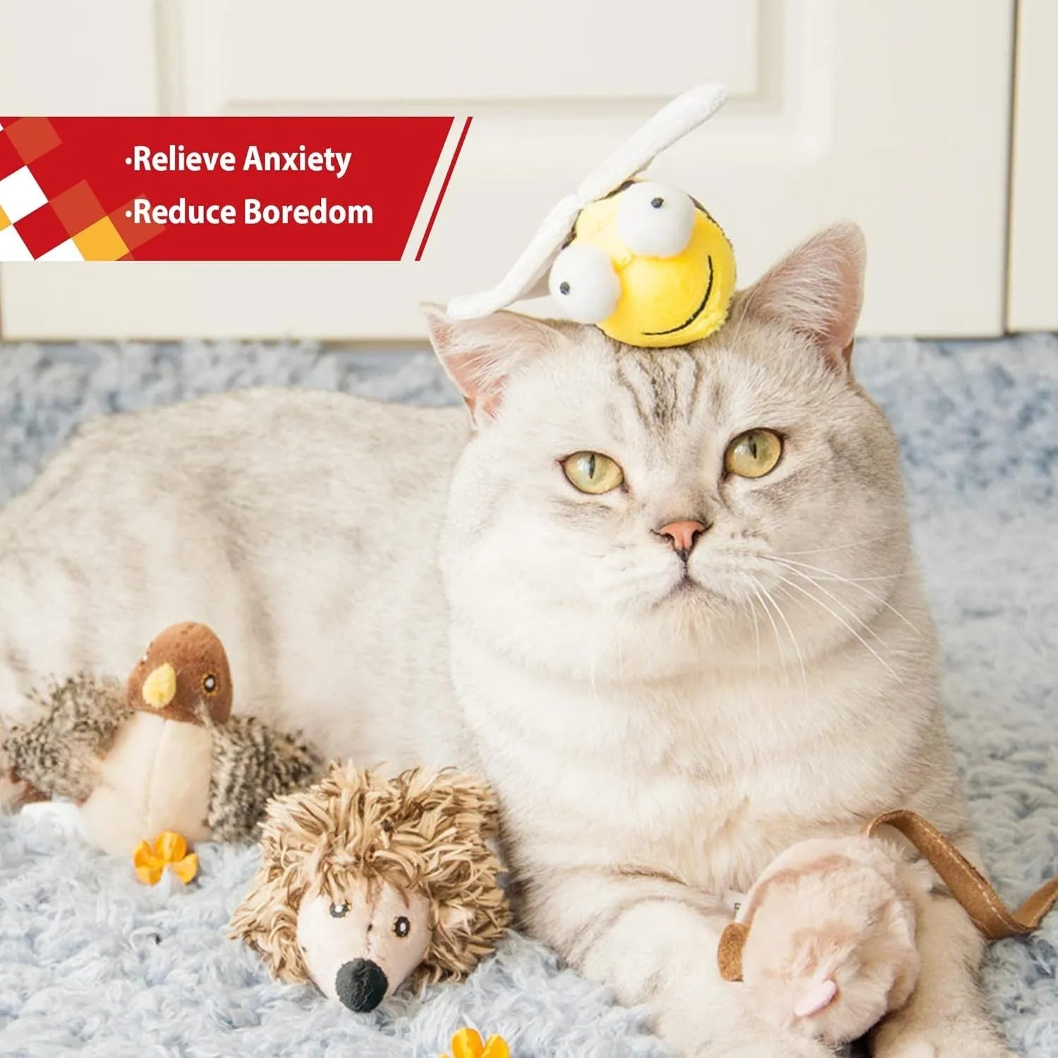 Yellow flannelette chirpy bee sound toy for cats with motion-activated squeaking, approximately 15cm long