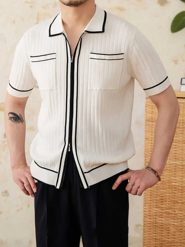 Black lapel collar short sleeve polo shirt on hanger showing slim fit and button placket