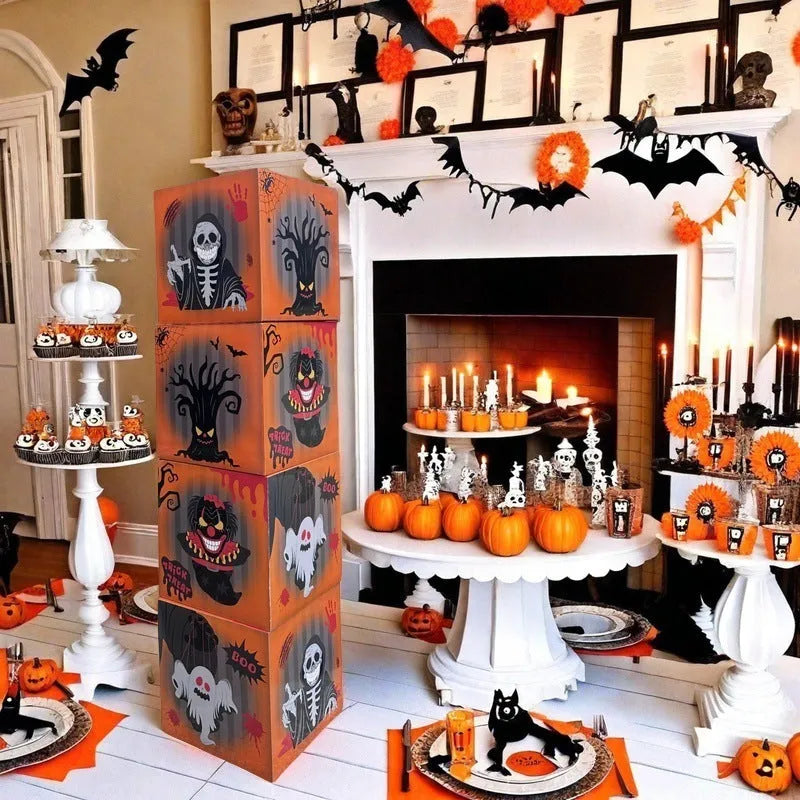Four orange aluminium foil ghost balloons with blood wine bottle designs for Halloween decoration