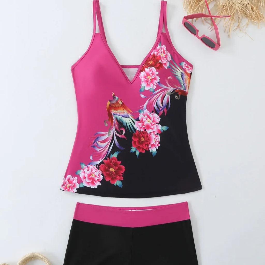 Plus size women's swimsuit in black or rose red with brief style and cotton lining