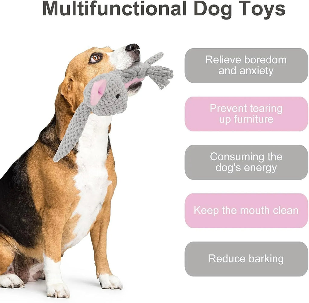 Dog plush toy with squeaker and crinkle paper in animal designs for small to medium dogs