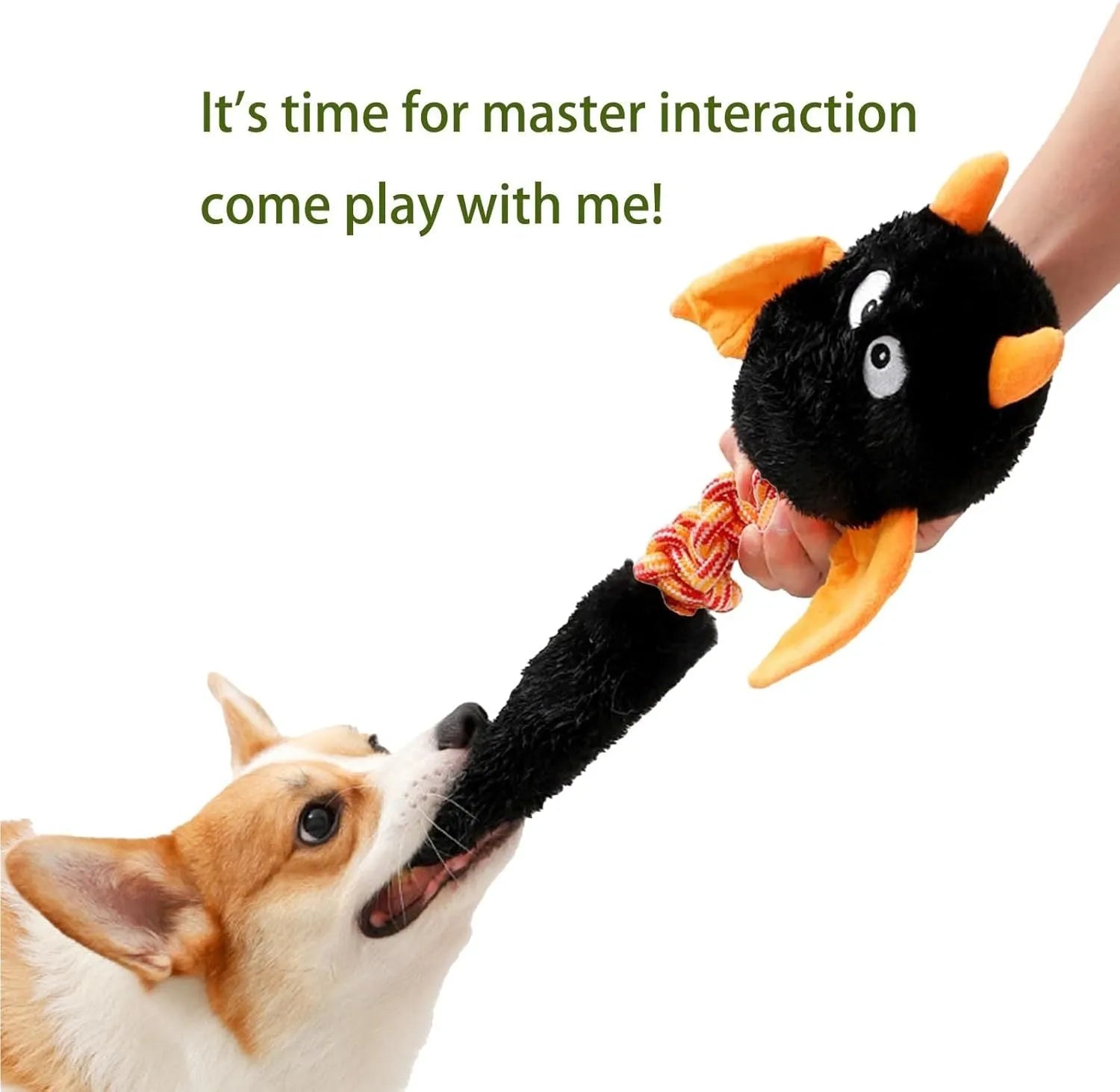 Plush dog toy with squeaker and rattling sounds, 44cm by 19cm, in black, green, or red, made from upgraded rabbit fleece