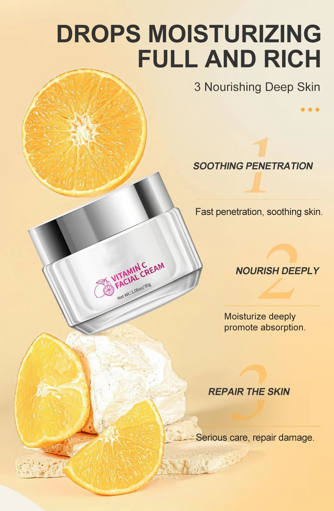 30g vitamin C face cream in a 6cm by 6cm by 5.2cm jar for universal skin types.
