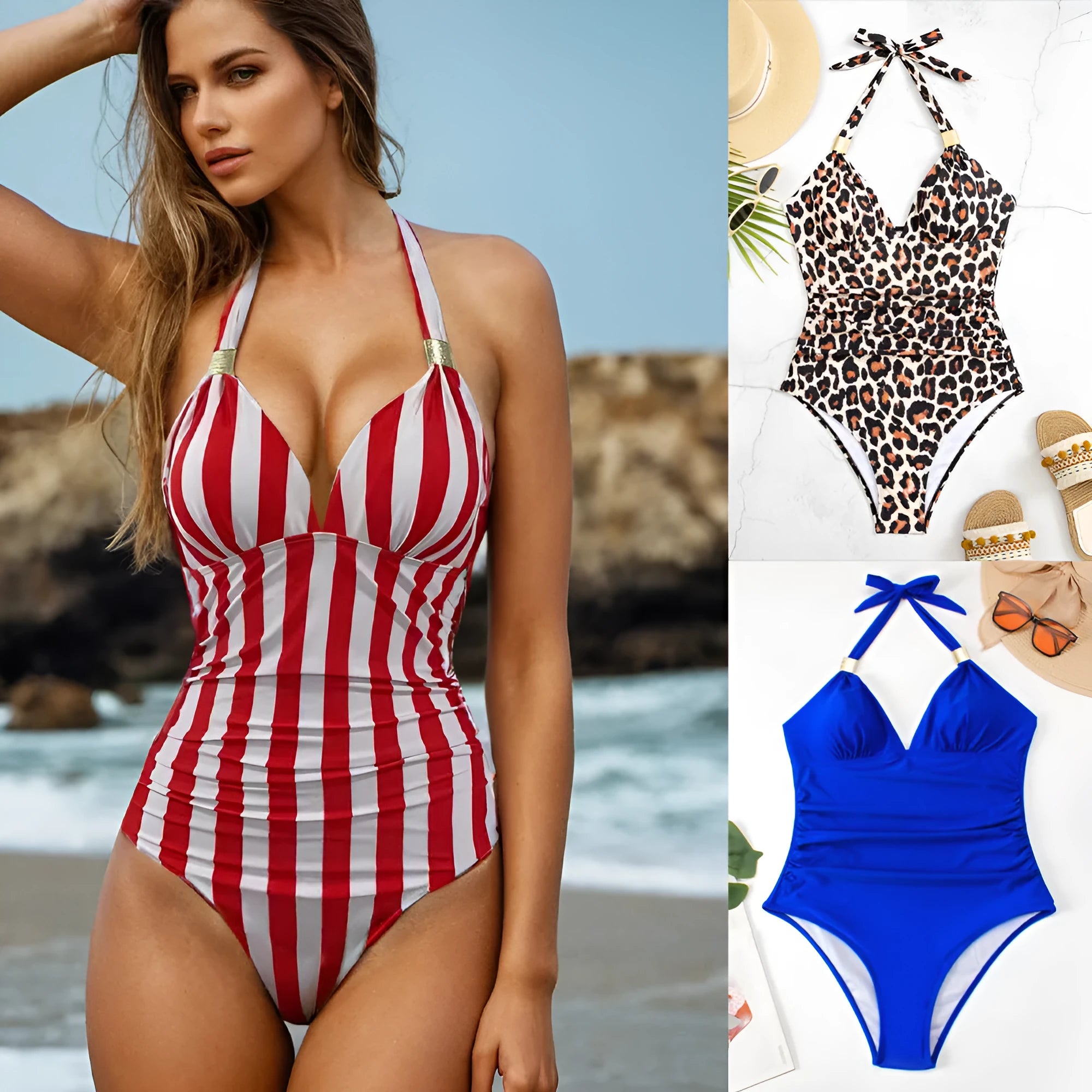 Women's casual quick-drying swimsuit in leopard print pattern, showing front design.