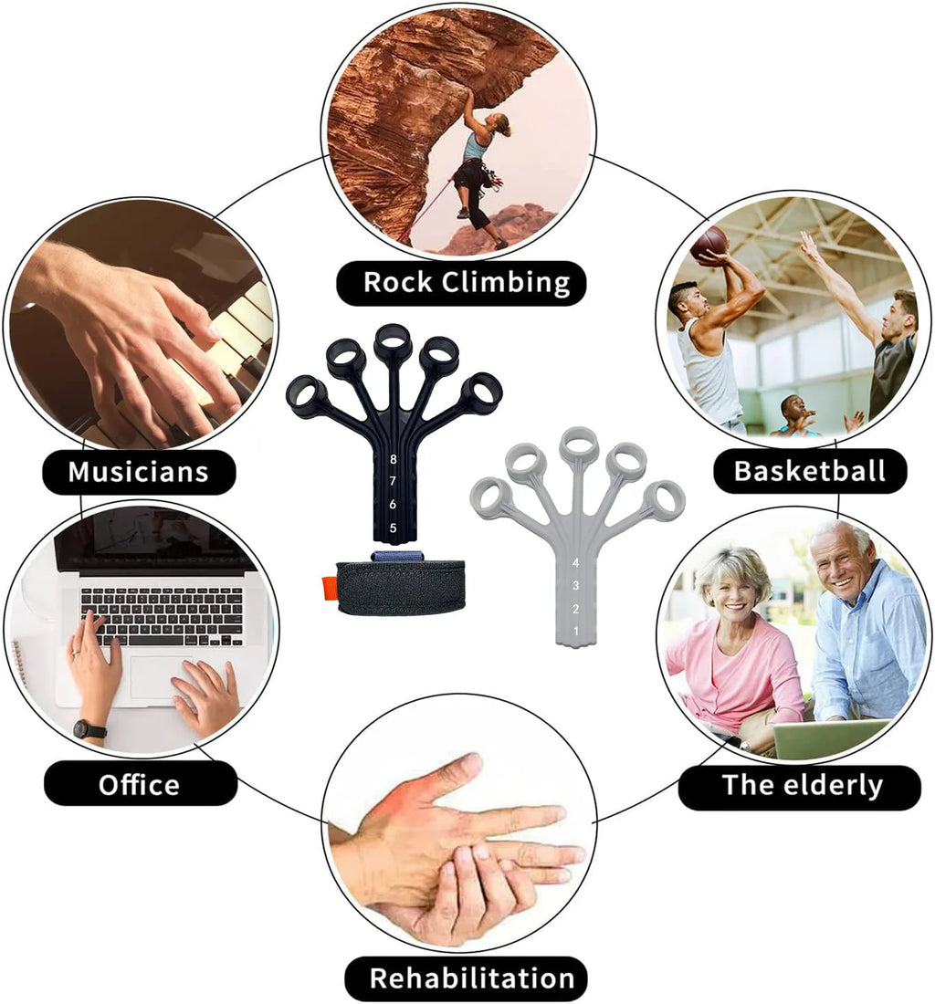 Black silicone finger trainer with adjusting belt for rehabilitation exercises